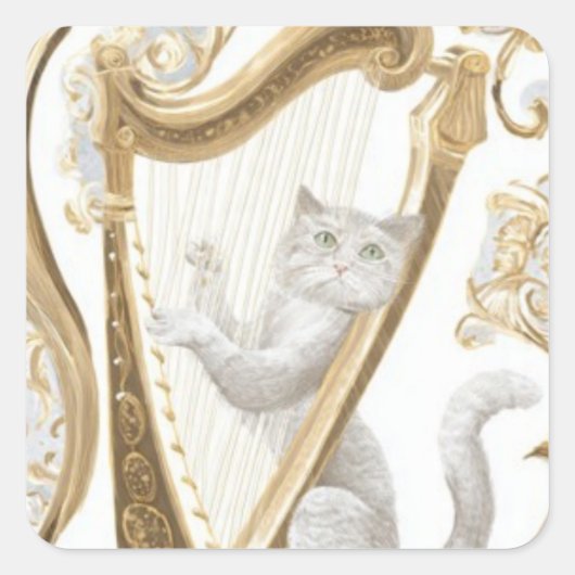 Elegant Harp Cat Sticker – Minimal Fantasy (Voorkant)
