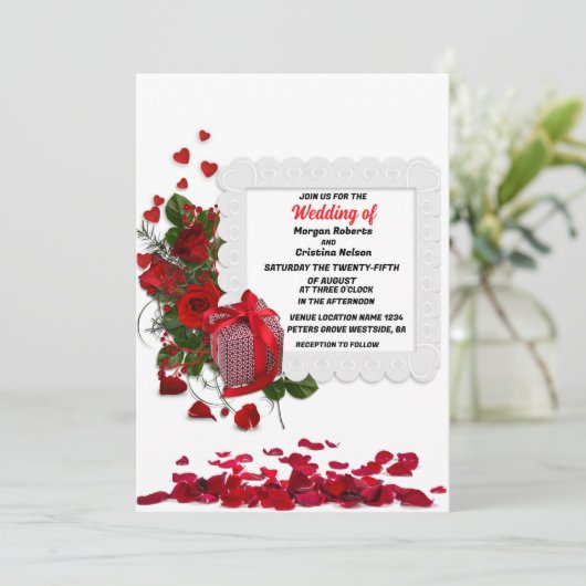 Elegant hart en rode roos romantische bloemenbruil kaart (Staand voorkant)