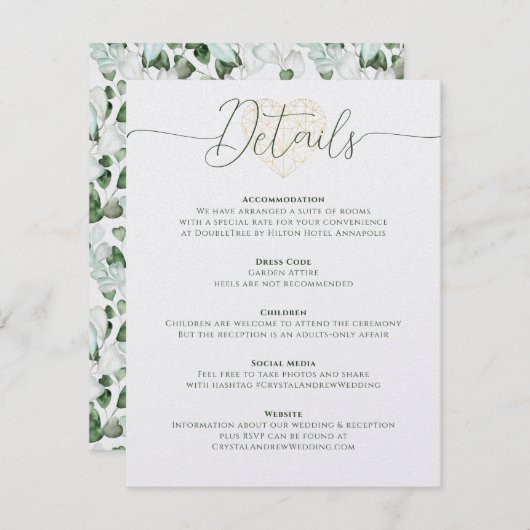 Elegant Hart Eucalyptus Bladgroen Bruiloft Details Kaart (Voorkant / Achterkant)
