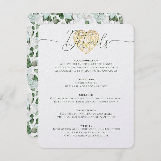 Elegant Hart Eucalyptus Bladgroen Bruiloft Details Kaart (Voorkant / Achterkant)