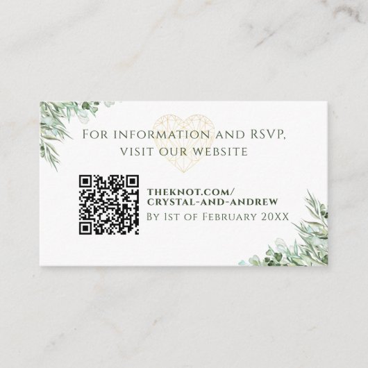 Elegant Hart Eucalyptus Bladgroen Bruiloft Website Informatiekaartje (Voorkant)