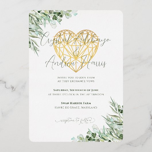 Elegant Hart Eucalyptus Foliage Formele Bruiloft Folie Uitnodiging (Achterkant)