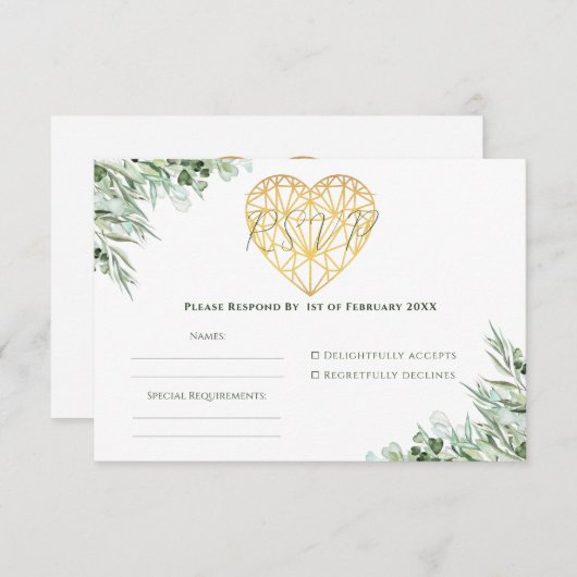 Elegant Hart Eucalyptus Foliage Formele Bruiloft RSVP Kaartje (Voorkant / Achterkant)