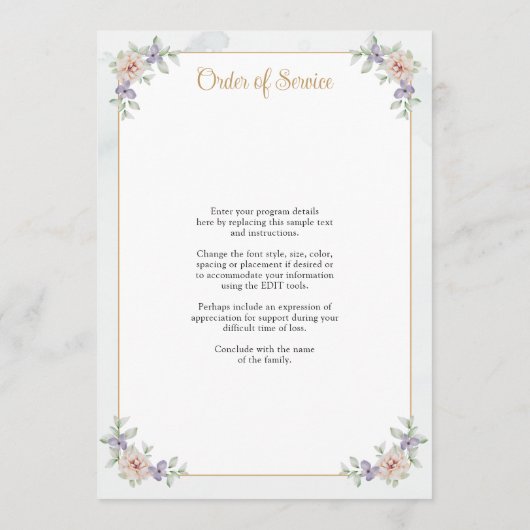 Elegant Hart Foto Waterverf Floral Memorial Programmakaart (Achterkant)