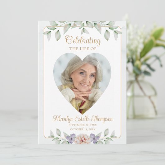 Elegant Hart Foto Waterverf Floral Memorial Programmakaart (Staand voorkant)