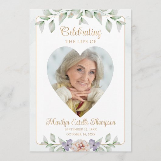 Elegant Hart Foto Waterverf Floral Memorial Programmakaart (Voorkant)