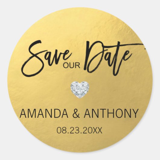 Elegant Hart Gouden Folie Bruiloft SAVE OUR DATE Ronde Sticker (Voorkant)
