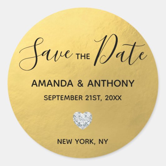 Elegant Hart Gouden Folie Bruiloft SAVE THE DATE Ronde Sticker (Voorkant)