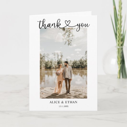 Elegant hart kalligrafie foto bruiloft bedankkaart (Voorkant)
