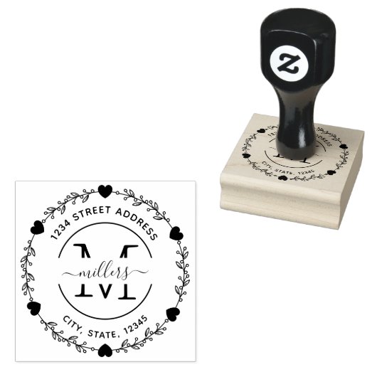 Elegant hart Monogram Krans Retouradres Rubberstempel (Gestempeld)