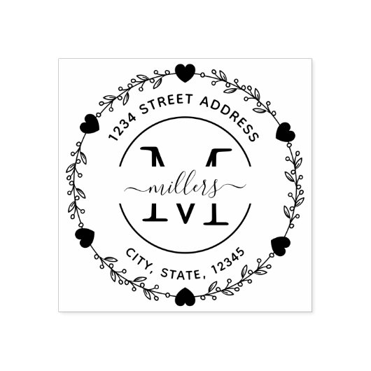 Elegant hart Monogram Krans Retouradres Rubberstempel (Afrduk)