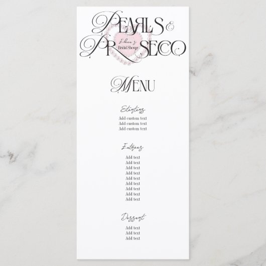 Elegant Hart Parels Prosecco Bubble Vrijgezellenfe Menu (Voorkant)