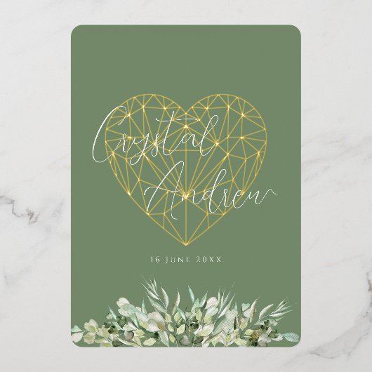 Elegant Hart Sage Groen Bladblad Formele Bruiloft Folie Uitnodiging (Voorkant)