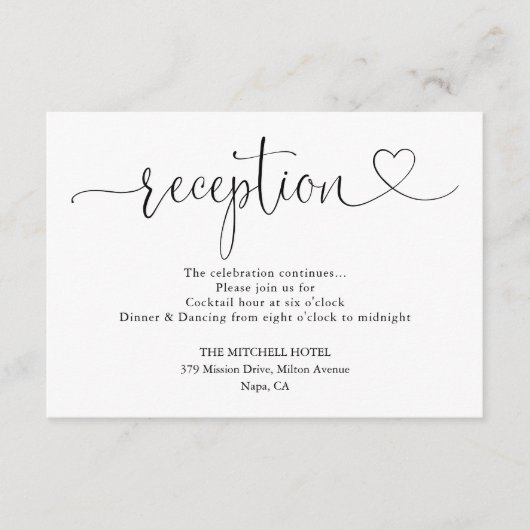 Elegant Hart Script Bruiloft Receptie Informatiekaartje (Voorkant)