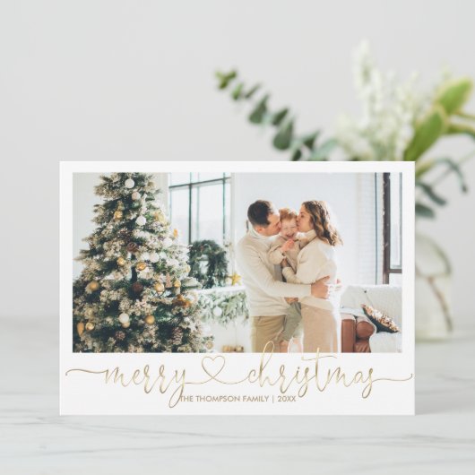 Elegant Hart Script Goud Vrolijk Kerstmis Foto Feestdagenkaart (Staand voorkant)