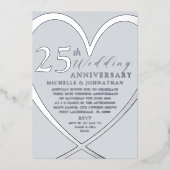 Elegant Hart Zilver 25 e Bruiloft Jubileum Folie Uitnodiging (Voorkant)