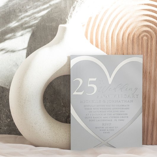 Elegant Hart Zilver 25 e Bruiloft Jubileum Folie Uitnodiging