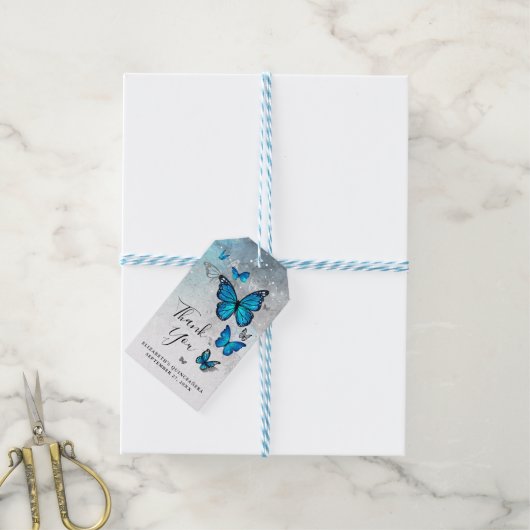 Elegant Hartelijk dank, Silver en Blue Butterfly Cadeaulabel (Met Touw)