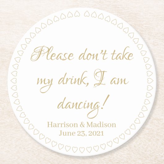 Elegant harten aangepaste gouden tekstnamen datum  ronde kartonnen onderzetter (Voorkant)