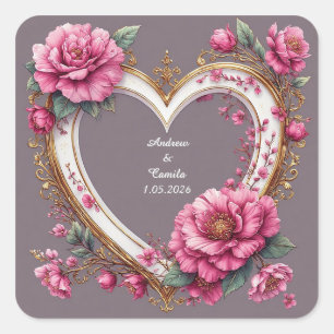 Elegant Hartframe Versierd Met Roze Rozen Vierkante Sticker