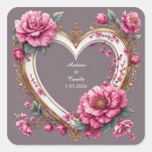 Elegant Hartframe Versierd Met Roze Rozen Vierkante Sticker (Voorkant)