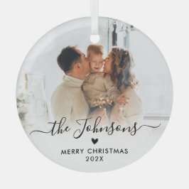 Elegant Hartschrift Familie Foto Vrolijk Kerstfees Glas Ornament