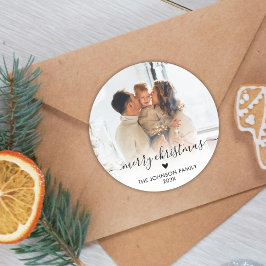 Elegant Hartschrift Familie Foto Vrolijk Kerstfees Ronde Sticker