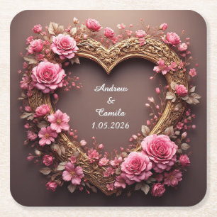 Elegant Hartvormige Lijst Versierd Met Roze Rozen Kartonnen Onderzetters