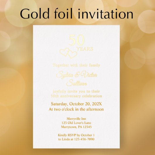 Elegant Heart 50th Wedding Anniversary Party Gold Folie Uitnodiging