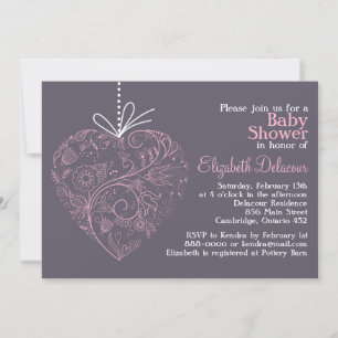 Elegant Heart Ornament Paars Baby shower Kaart