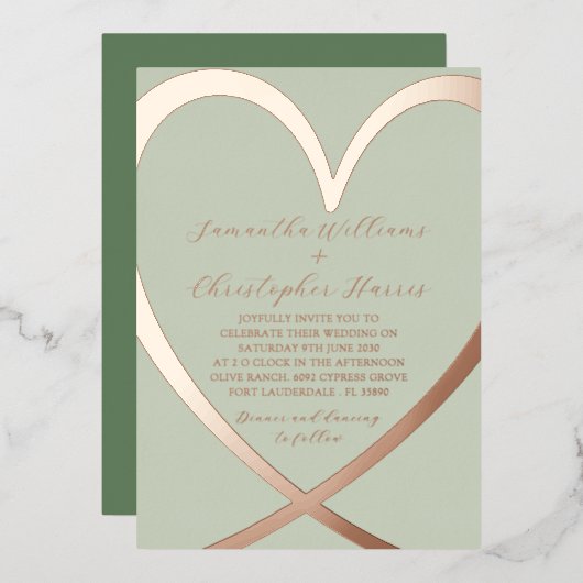 Elegant Heart Roos Gold & Green Wedding Invitation Folie Uitnodiging (Voorkant / Achterkant)