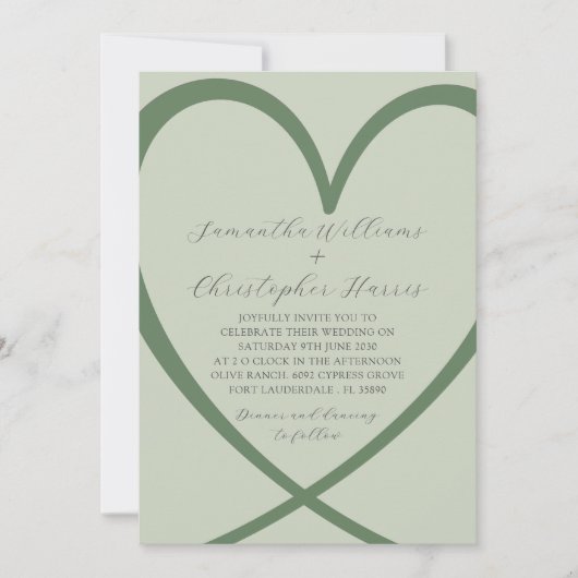 Elegant Heart Sage Green Wedding Invitation Kaart (Voorkant)
