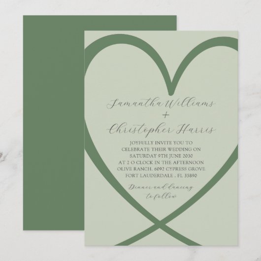Elegant Heart Sage Green Wedding Invitation Kaart (Voorkant / Achterkant)
