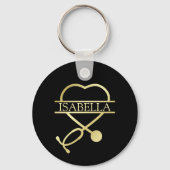 Elegant Heart Stethoscope Black Gold Voeg naam toe Sleutelhanger (Voorkant)