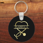 Elegant Heart Stethoscope Black Gold Voeg naam toe Sleutelhanger (Achterkant)