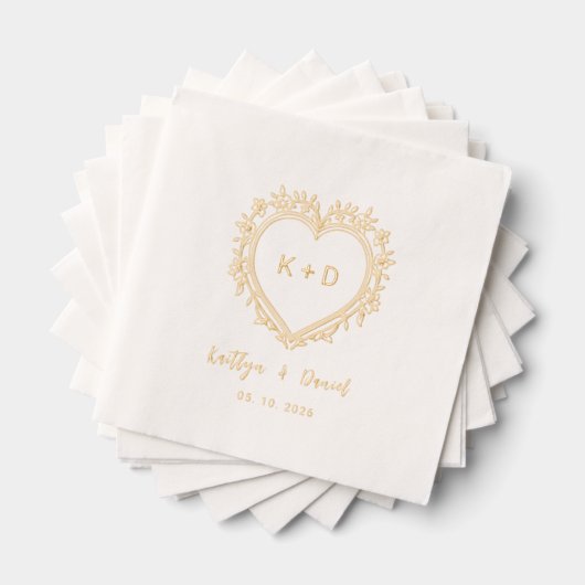 Elegant Heart Wreath Monogram Wedding Napkins Folie Servetten (Insitu (Gestapeld))