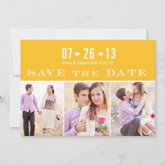Elegant Heart Yellow Save the Dates with Photos Date (Voorkant)