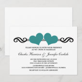 Elegant Hearts Wedding Invitation, Blauwgroen Kaart (Voorkant / Achterkant)
