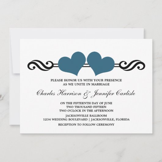 Elegant Hearts Wedding Invitation Blue Kaart (Voorkant)
