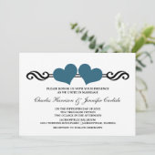 Elegant Hearts Wedding Invitation Blue Kaart (Staand voorkant)