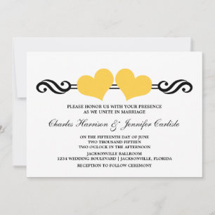 Elegant Hearts Wedding Invitation, Geel Kaart