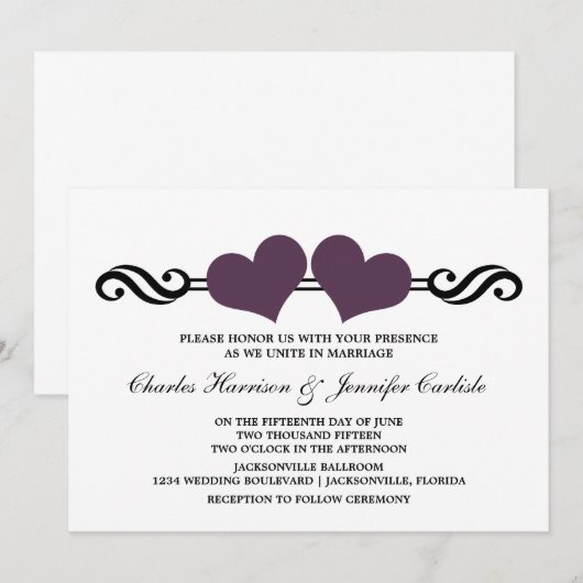 Elegant Hearts Wedding Invitation, Paars Kaart (Voorkant / Achterkant)