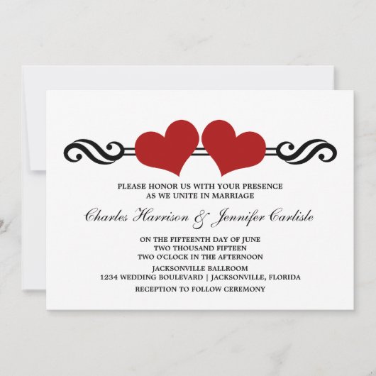 Elegant Hearts Wedding Invitation, Red Kaart (Voorkant)