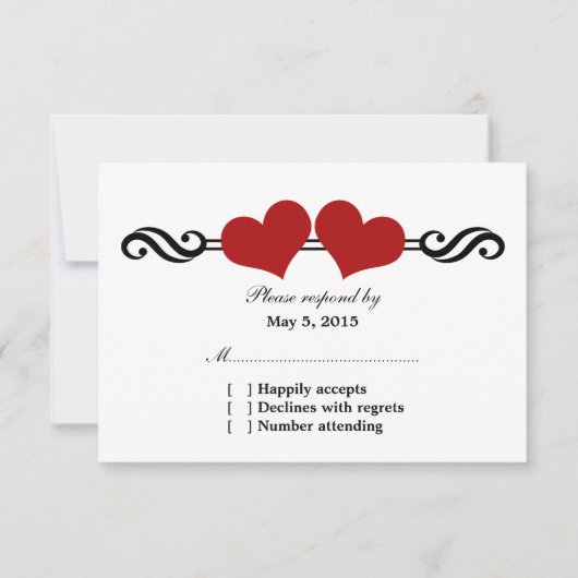 Elegant Hearts Wedding Response Kaart, Red RSVP Kaartje (Voorkant)
