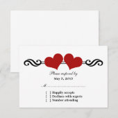 Elegant Hearts Wedding Response Kaart, Red RSVP Kaartje (Voorkant / Achterkant)