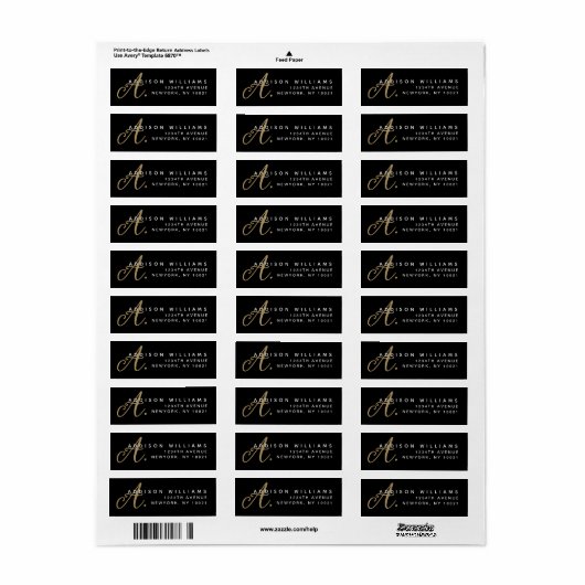 Elegant hedendaags zwart goud script monogram etiket (Full Sheet)