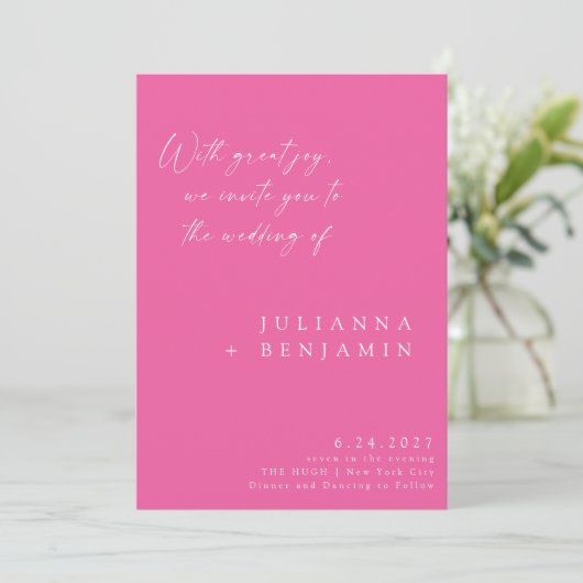 Elegant Heet Roze Minimalistisch Chique Script Bru Kaart (Staand voorkant)