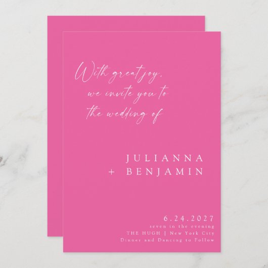 Elegant Heet Roze Minimalistisch Chique Script Bru Kaart (Voorkant / Achterkant)