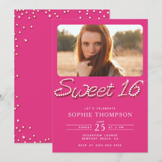 Elegant Heet Roze Rhinestones Chic Sweet 16 Foto Kaart (Voorkant / Achterkant)