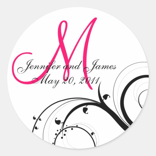 Elegant Heet Roze Swirl Monogram Bruiloft Sticker (Voorkant)